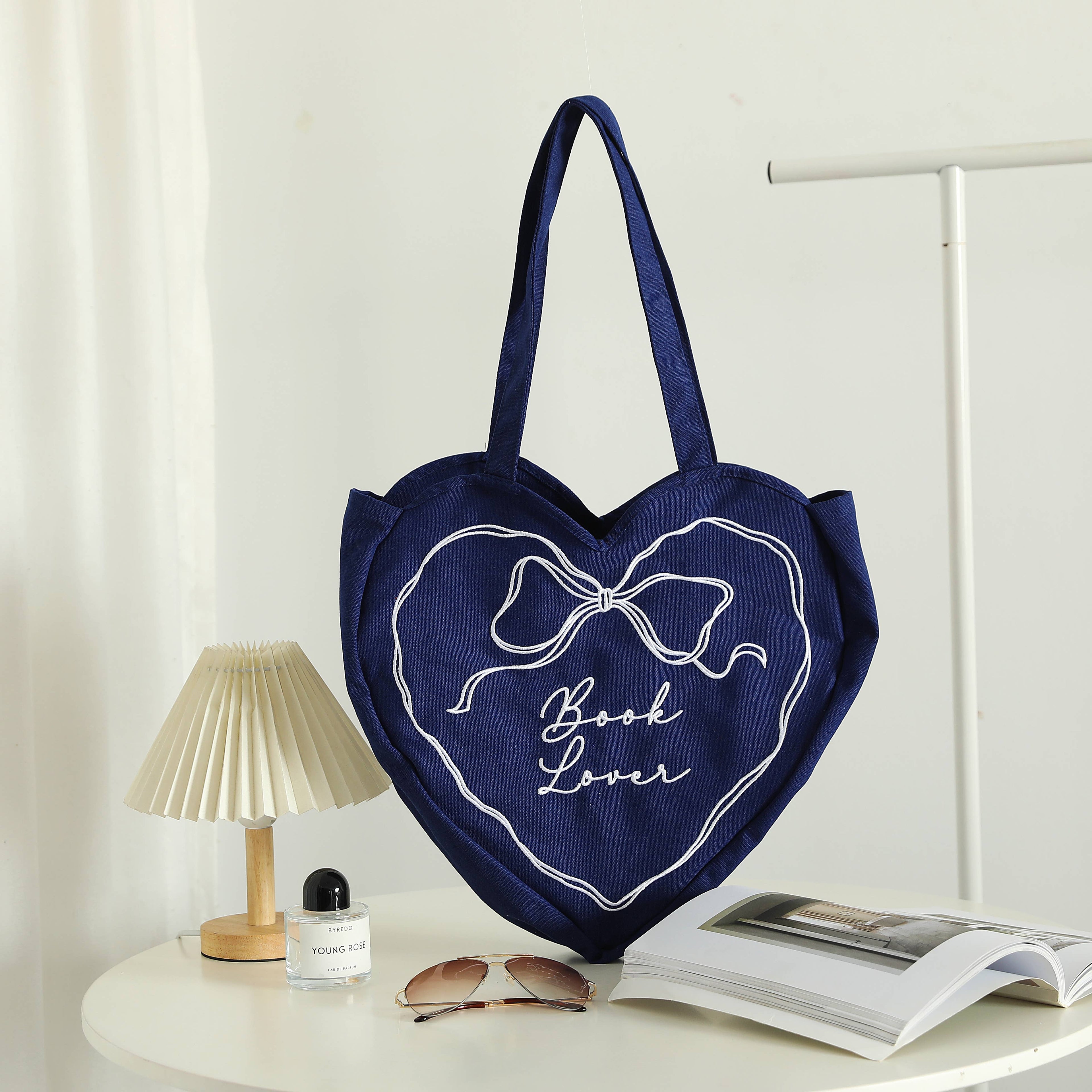 Book Lover Heart Embroidered Tote Bag, Reader Bag, Bookish